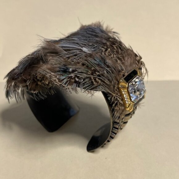 VTG Bird Feathered Crystal Rhinestones Brass Metal Bracelet Adjustable 6.5" - Picture 3 of 16